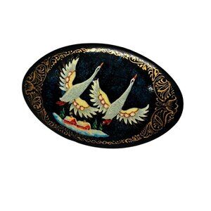 Vtg Russian Black Lacquer Brooch Hand Painted Bird Crane Winter Scene Oval